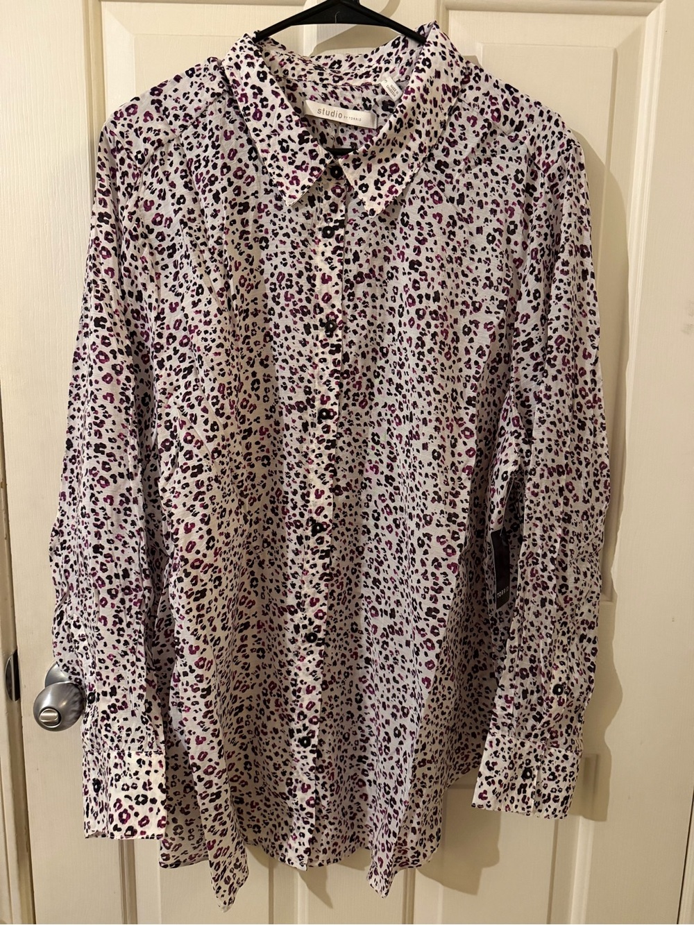 Torrid StudioWhite Leopard Print Button-Down Shirt with Purple Spots